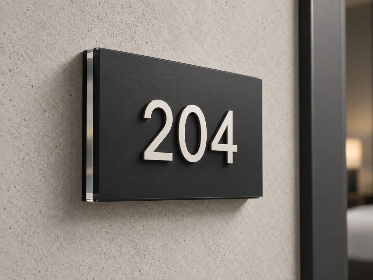 Referencia conceptual de señal de habitación 204 con letras en relieve